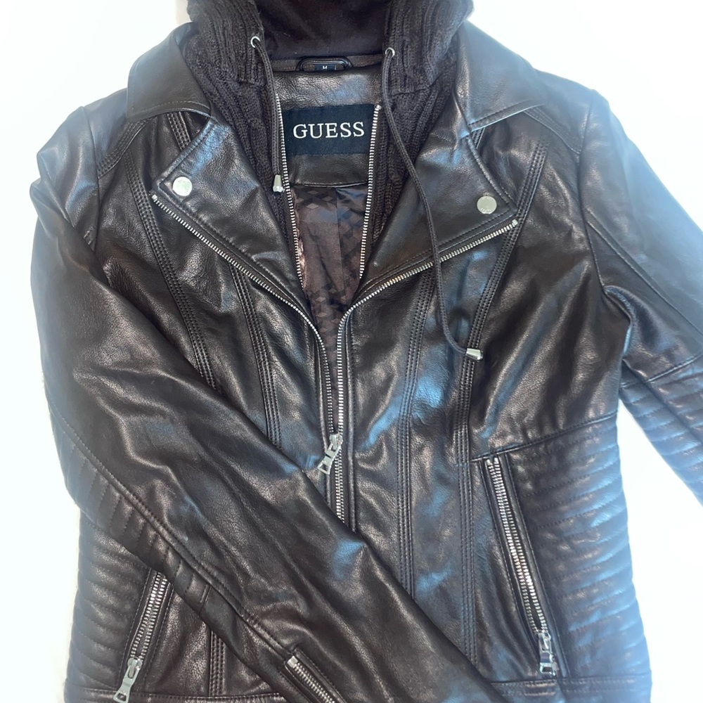 Guess Dark Brown Leather Zip-Up Jacket w/ Detachable Hood!